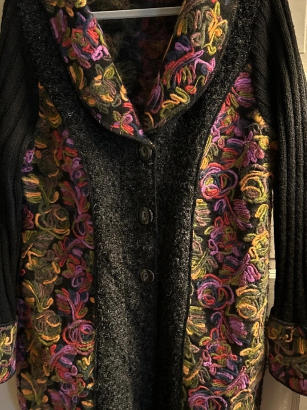 Embroidered Gray Wool-Blend Button Cardigan Sweater - Multicolor Floral Accents